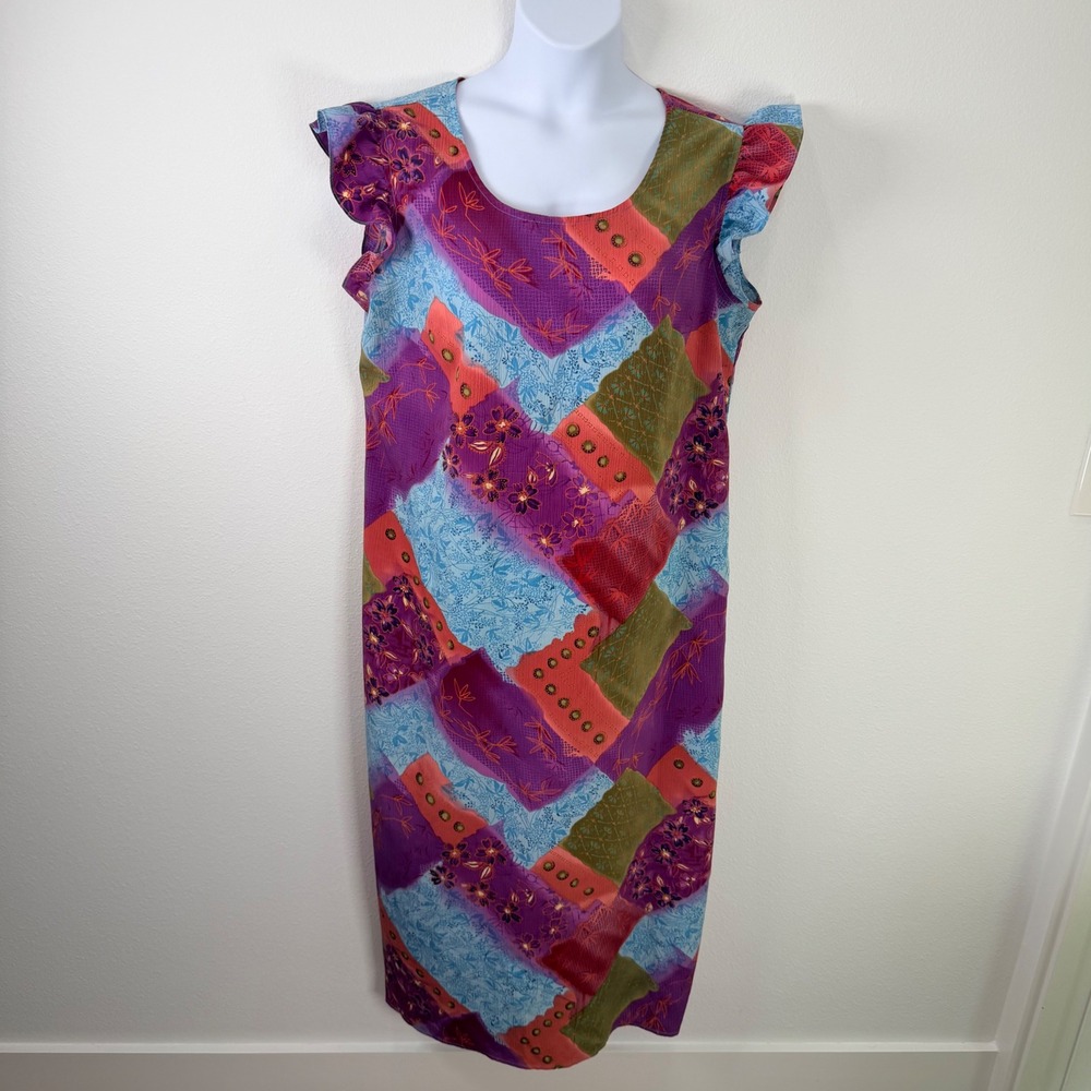 Maggie Sweet Vintage 90s Patchwork Floral Crinkle Midi Dress 1X Flutter Sleeve